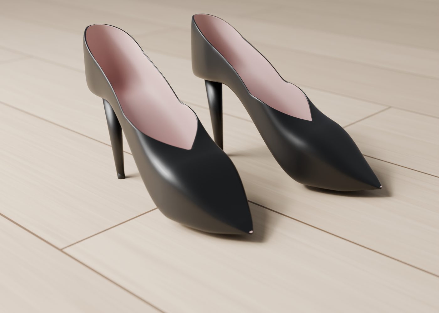 Render del par de zapatos sobre suelo de madera